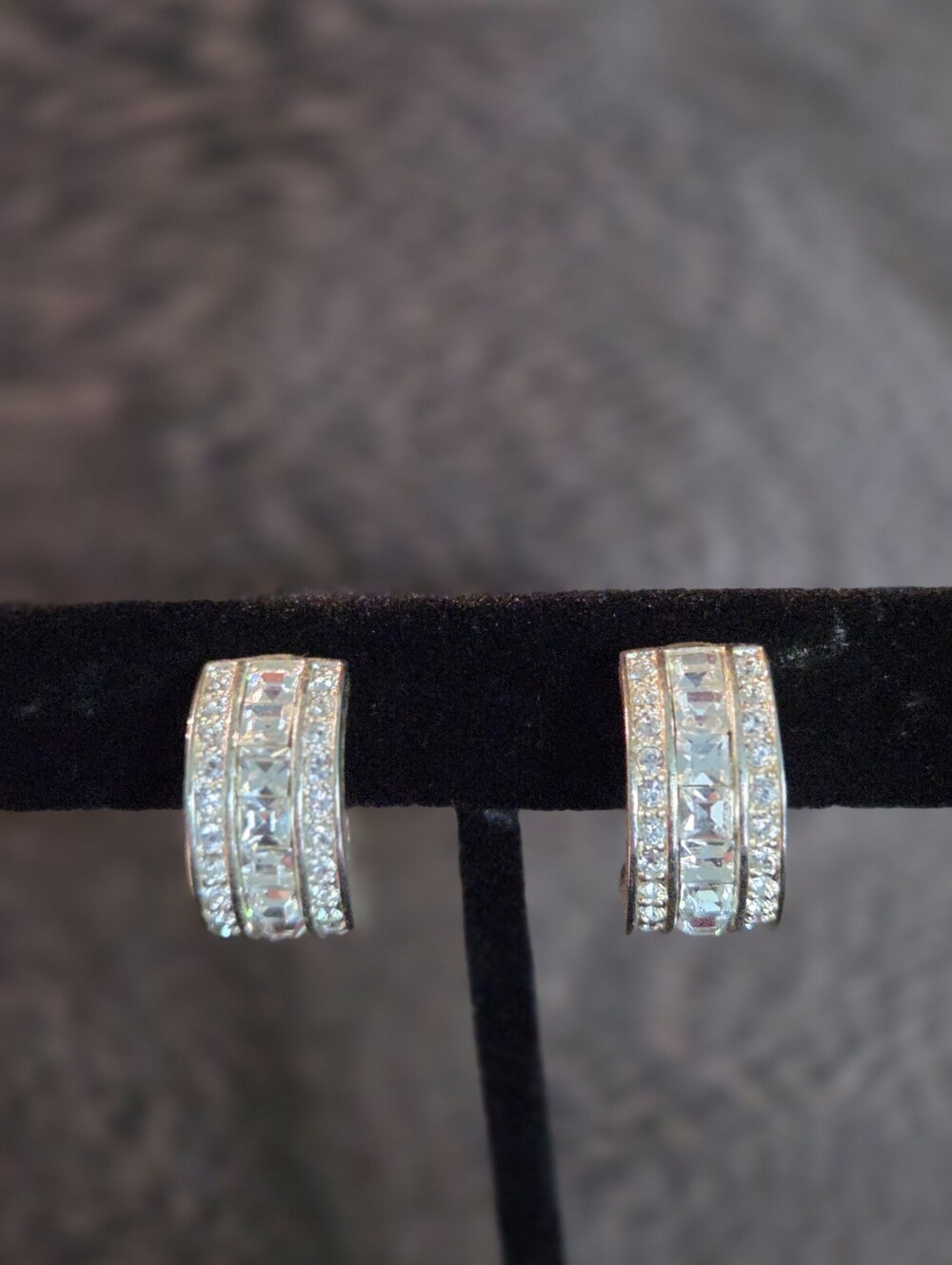 Silver Triple-Row Crystal Huggie Earrings - Elegant Sparkle